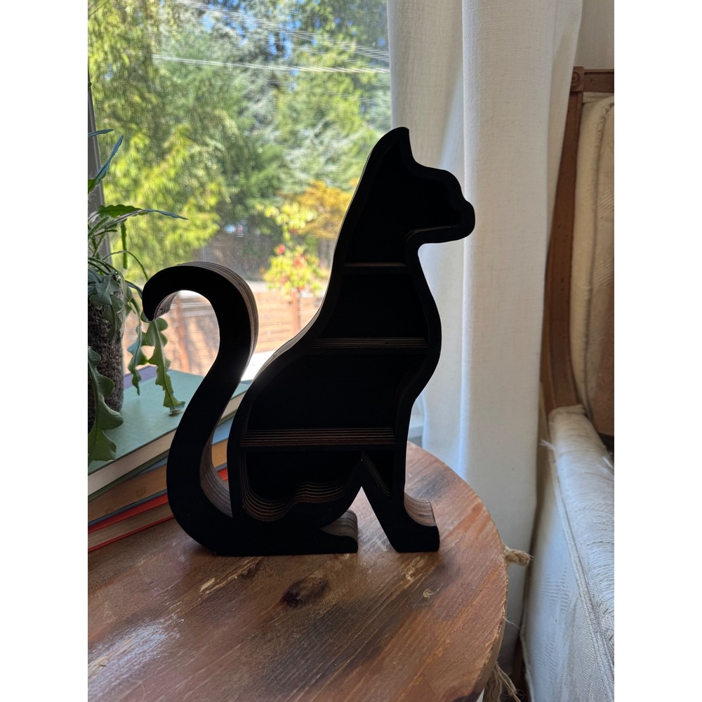 Wooden Cat Shadow Box Shelf Black Plywood Feline Crystal Display Wall Decor 10in